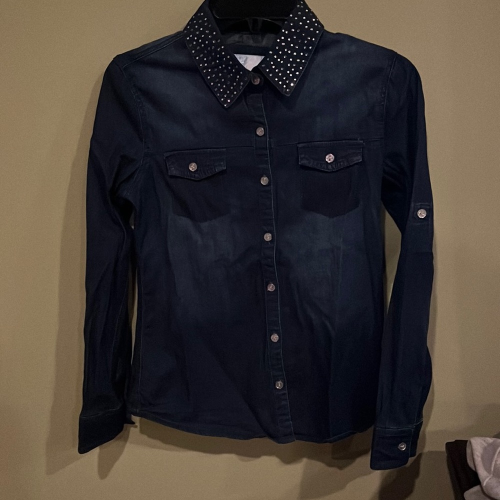 Justice Girls Ombre Denim Long Sleeve Button Down Shirt w/Rhinestones. Size 14.